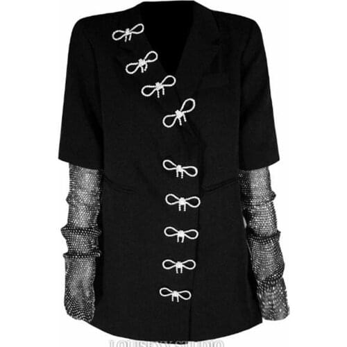 Diamond-studded bow stitching heavy industry blazer women long sleeve notched small suit