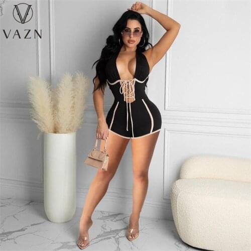VAZN 2021 Hot Sale Sexy Striped Print V-neck Women Sleeveless Party Beach Jumpsuits Short Pant Bandage Rompers