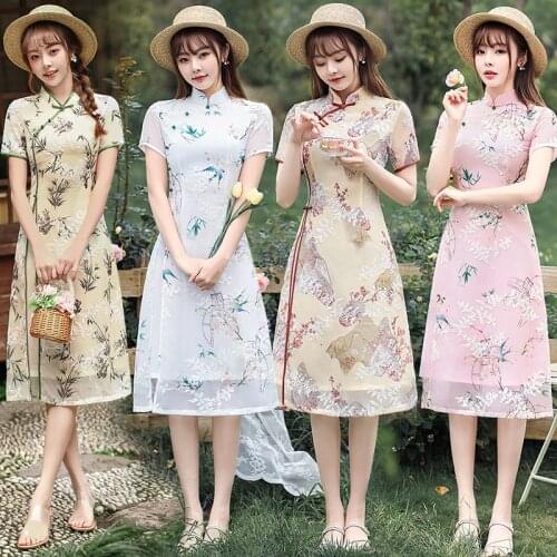 Sexy Embroidery Applique Chiffon Split Knee-Length Qipao Traditional Chinese Women Short Sleeve Dress Daily Aodai Cheongsam