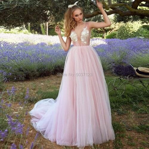 Pink Tulle Wedding Dresses Vestido De Noiva A Line Sleeveless Open Back Floor Length Deep V Neck Bridal Wedding Gown Plus Size