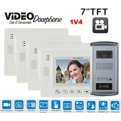 ZHUDELE Video Record / Photograph 7 inch Wired Video Door Phone Intercom Home Security System RFID Camera LED Night Vision 1v4