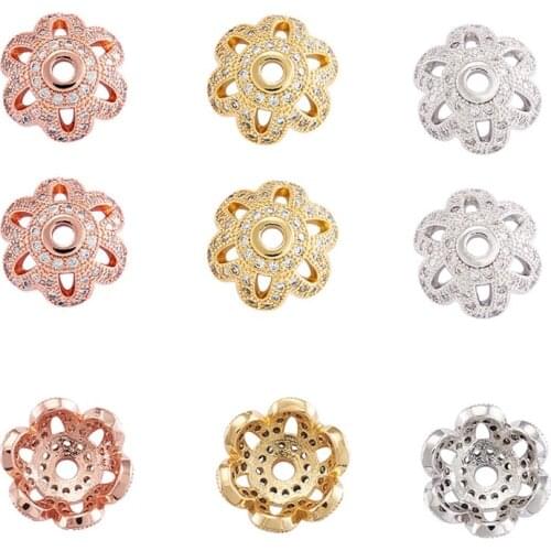 10pcs 6-Petal Flower Brass Cubic Zirconia Bead Cap End Cap for Jewelry Making DIY Bracelet Necklace Supplies 11x4mm Hole: 2mm