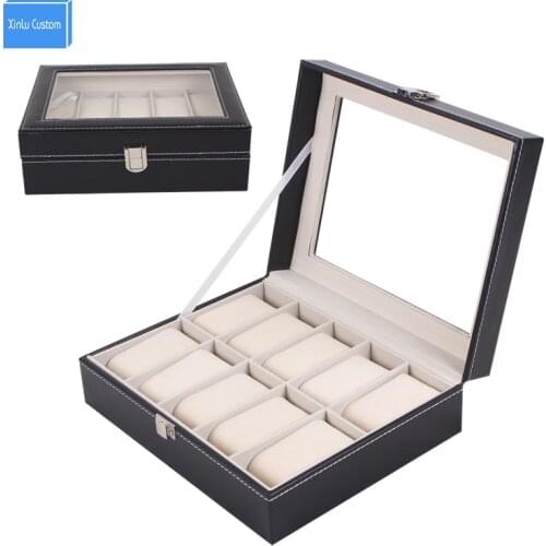 Black Jewelry Watch Box 10 Grids Slots Watches Display Organizer Storage Case with Lock&Soft Velvet Family Collect Box saat kut