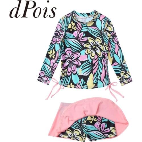 Kids Girls Swimwear Swimsuits Long Sleeve Bathing Suit Floral Printed Tops with Skirt Shorts 2pcs Swimsuit Children Beach Wear