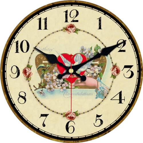 Home 12 Inch Silent Vintage Wooden Round Wall Clock Arabic Numerals Red Heart Flower Hold On Hand Mothers Day Gift Clock