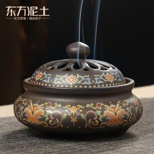 Clay ceramic colored enamel disc censer household indoor aroma furnace aloes sandalwood incense teahouse desktop