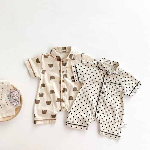 Newborn Baby Boy Romper Pajamas Cotton Cartoon Bear Print Shorts Sleeve Turn-Down CollarJumpsuit Summer Infant Toddler Clothes