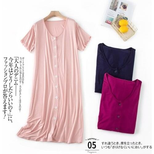 Modal Summer Short-sleeved Sexy Night Dress with Button Mid-long Nightdress Womens Comfortable Smooth Viscose Home Clothes