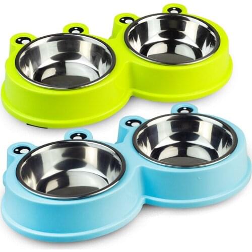 New Pet Bowl Plastic Stainless Steel Combo Dog Bowl Cat Food Frog Shape Bowl Double Pet Bowl Safety Healthy Food Dish