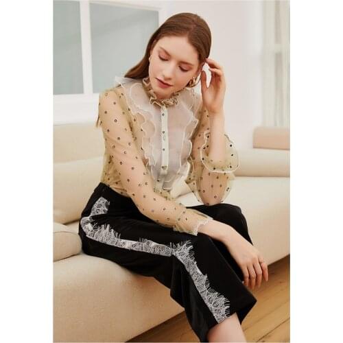 New Shirt Apple Green Round Neck Slim Ladies Bottoming Shirt Retro Ruffled Small Stand-up Collar Horn Ladies Long-sleeved Shirt