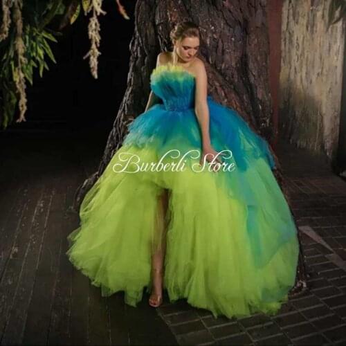 New Fashion Mix Color Fluffy Mesh Party Dresses Sexy Strapless High Low Fluorescent Green Tulle Prom Gowns Lush Women Dress