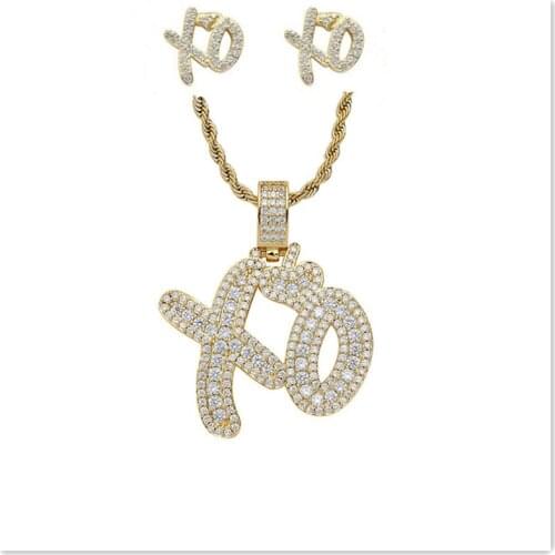 New Iced Out Cubic Zircon Letter XO Pendant Necklace & Earrings For Men Women Hip Hop Rapper Jewelry Set Gift
