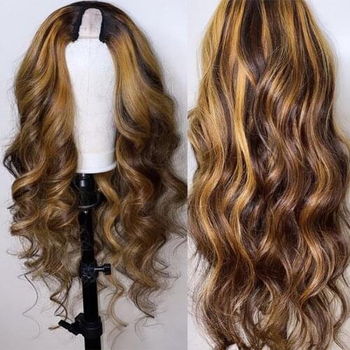 Human Hair U part Wigs for Black Women Peruvian Highlight Ombre Blonde 180Density No Lace Remy Hair Wigs Middle Open Upart Wigs