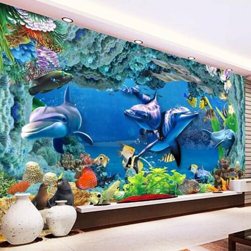 Custom Underwater World Dolphin Coral Cave 3D Photo Wallpaper For Kids Room Living Room Bedroom TV Background Wall Mural Paper