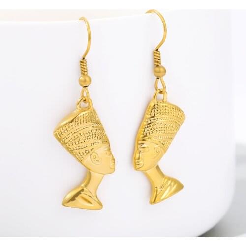 Trendy Gold Color Egyptian Queen Nefertiti Stud Earrings For Women Girls Stainless Steel Earring Boho African Jewelry Ethnic
