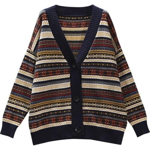 2020 retro cardigan jacquard v-neck long-sleeved sweater jacket autumn casual all-match single-breasted knitted cardigan women