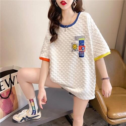 New Large Size Women Summer Length Contrast color T-shirt Half Sleeve loose Comfortable T-shirt Fashion Summer Short Sleeves