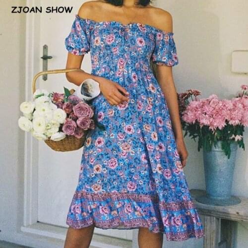 2021 Bohemia Slash Off Shoulder Blue Colored Floral Print Dress Woman Elastic Ruched Body Short Sleeve Holiday Midi Dresses