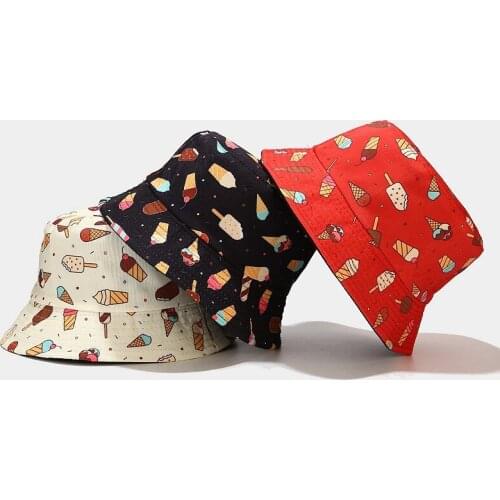 2021 Cute Ice Cream Embroidered Double Sided Bucket Hat Fisherman Hat Outdoor Travel Hat Sun Cap Hats For Women Men Hip Hop Cap