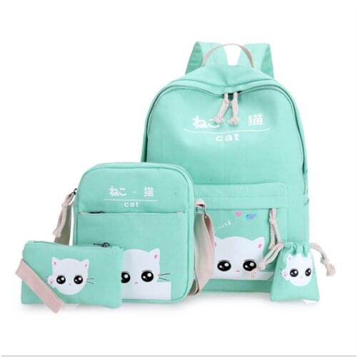 4pcs/Set Canvas Backpacks for Girls Boys Teenagers Female Bagpack Japan Korean Fashion Cartoon Cute Cat Oxford School Bags Kids