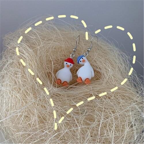 Asymmetric cute net red duck earring 925 silver hook earclip fun couple duck girl earring