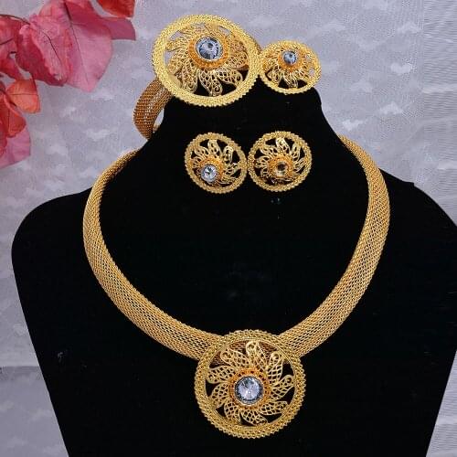 Dubai Arab Nigeria Jewelry sets For Girl Women Bride Gold Color Wedding Jewelry sets BanglesNecklace Earrings sets Zircon Gifts