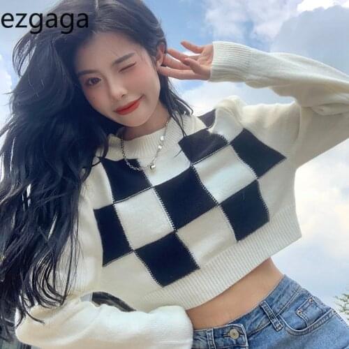 Ezgaga Autumn New Cropped Sweater Women Long Sleeve O-Neck Slim Korean Fashion Knitted Plaid Pullover All-Match Casual