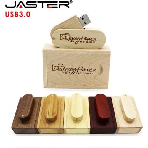 JASTER USB 3.0 LOGO customized rotatable Wooden usb + box USB Flash Drive 8GB 16G 32GB Memory stick photography wedding gift