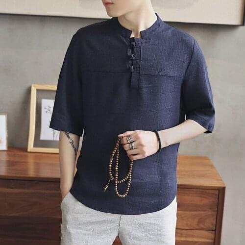 Summer Men Cotton Linen Blouse Short Sleeve T Shirt Chinese Traditional Clothes Male Hanfu Tang Suit Streetwear Tees Tops 30444