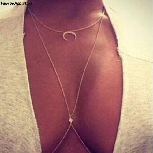 Fashion Body Waist Crossover Harness Belt Belly Body Chain Jewelry Charming Crystal Moon Golden Body Necklace Jewelry 1 pc