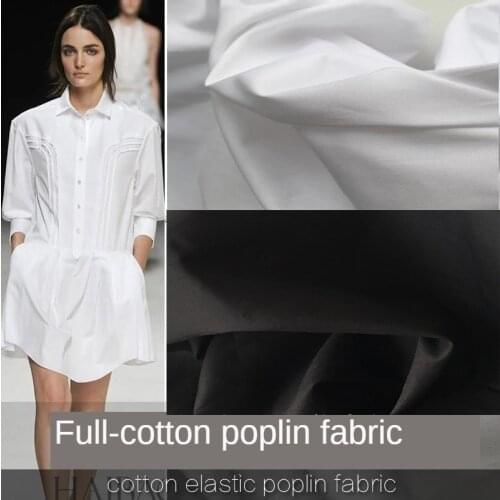 Washed Poplin Pure Cotton Fabric 100% for Shirt Dress Clothing Elastic Brocade Sewing Diy Designer Textile Plain White Black