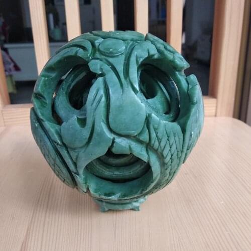 Nature Green Jade Puzzle Ball Magic 4 Layers Sphere Lucky Carven Dragon Phoenix Totem