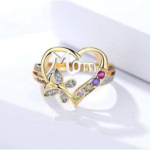 Gift for Mother With Rhinestone Flower Heart Ring Gold Plated Thanksgiving Day Present For Mom Mothers Day Gift