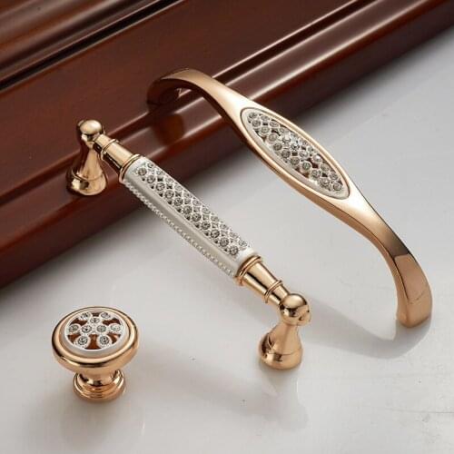 Diamond Crystal Door Handles Zinc Alloy Champagne Gold Cabinet Drawer Knobs European Wardrobe Furniture Pulls Hardware