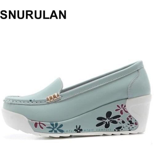 SNURULAN New Womens Genuine Leather Platform Shoes Wedges White Lady Casual Shoes Swing mother Shoes Size 35-40