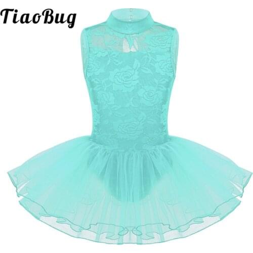 TiaoBug Kids Teens Sleeveless Mock Neck Lace Mesh Tutu Ballet Dress Ballerina Dance Costume Girls Gymnastics Leotard Dancewear