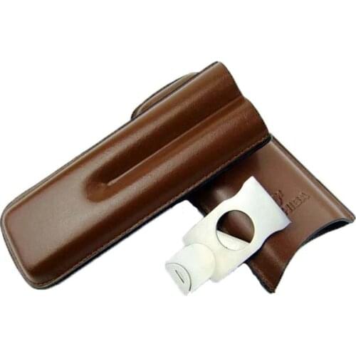 COSY MOMENT Leather Cigar Case 2 Tube Holder Travel Cigar Humidor Box with Metal Cigar Cutter Pocket Fit for COHIBA Cigars YJ122