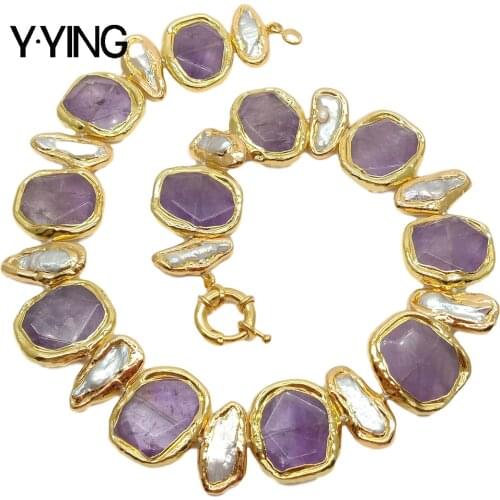 Y·YING 19" Freshwater White Biwa Pearl natural purple stone faceted Gold Plated choker Necklace Geometric casual for women