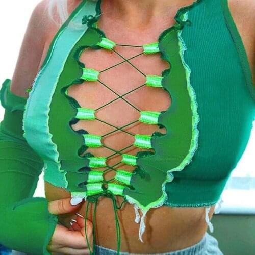 Yhotmeng slim vest womens hot new 2020 Summer new see-through mesh stitching straps hollow sexy slim T-shirt women green gray