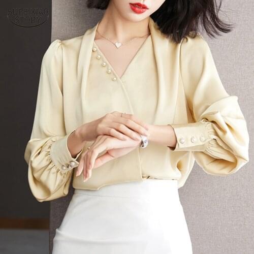 2021 Autumn French Retro Blouse Woman Elegant Fashion Long-sleeve Streamer Top Woman Acetate Solid Shirt Lady Blusas Mujer 16206