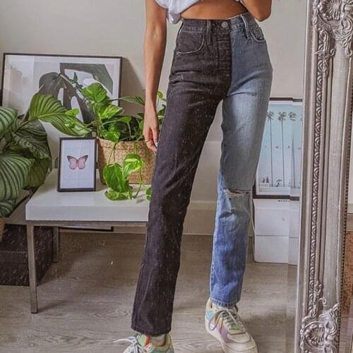 B-TOTO Retro Gray Blue Contrast Color Stitching Ripped High Waist Jeans Women Loose Straight-leg Trousers 2021 New Fashion