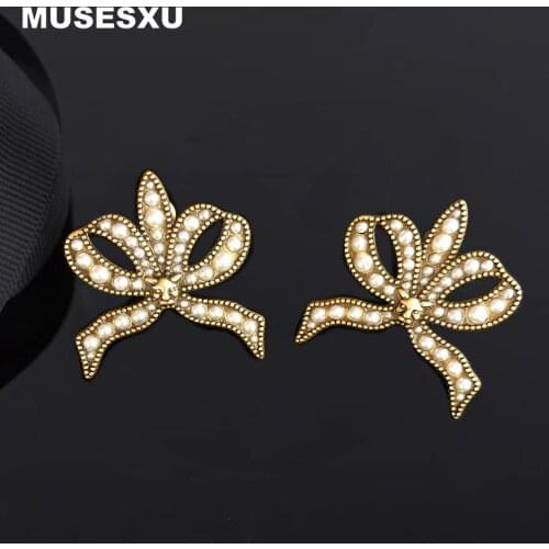 Jewelry & Accessories Pearl Bow Girl Earrings Retro Classic Open Bow Earrings For Womenns party wedding Gift