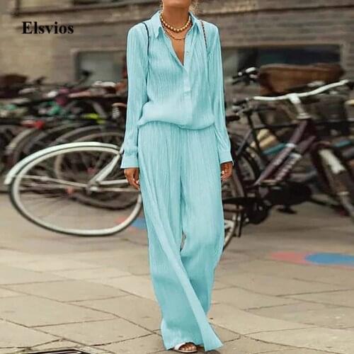 2021 Spring Summer Loose Women Two Piece Set Elegant Office Lady Shirt Suits Casual Long Sleeve Button Tops + Long Pants Outfit
