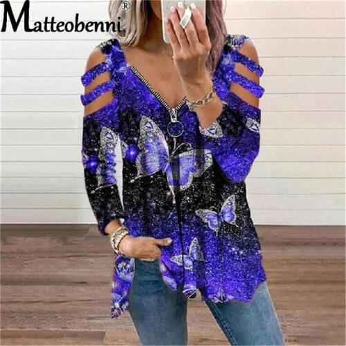 Autumn Plus Size Women Long Sleeve Zipper V-Neck Tops Butterfly Printed Hollow T-Shirt Ladies Casual Loose Street Pullover Tees