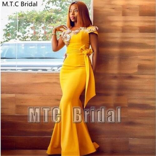 Gold Long Mermaid African Prom Dresses With Flowers Off The Shoulder Corset Back Plus Size Wedding Party Dress Cheap Formal Gown