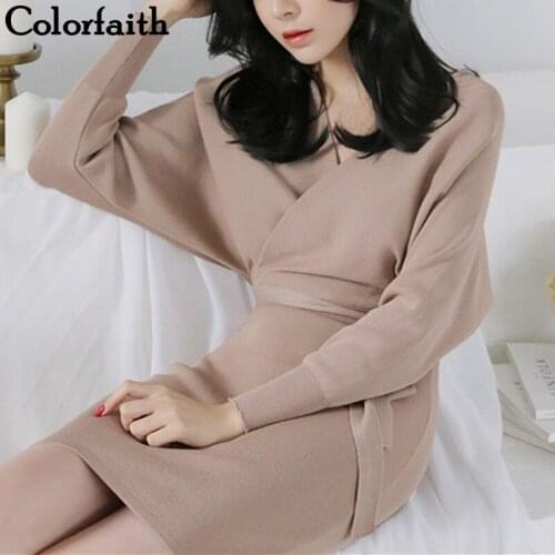 Colorfaith New 2019 Autumn Winter Women Dresses Sashes Lace Up Bow Fashionable Elegant Casual Skinny Slim Female Ladies DR8084