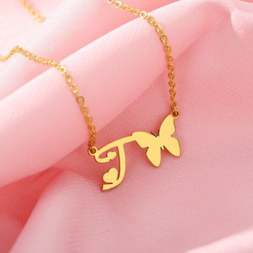 A-Z initials cute bow necklace ladies stainless steel gold chain necklace alphabet butterfly necklace jewelry alphabet gift
