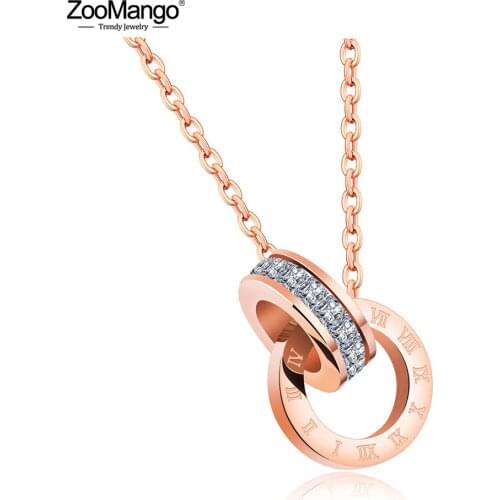 ZooMango Mosaic Cubic Zirconia Double Circle Love Roman Numerals Pendant Necklace Rose Gold Color Wedding Women Necklace ZN17032