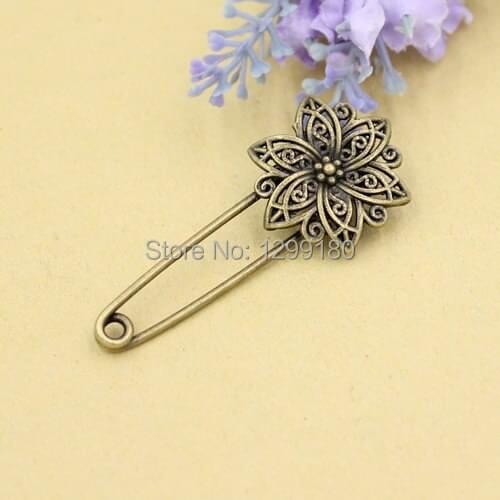 10pcs/lot Alloy Antique Bronze Vintage Flower Brooch Safety Pins For Garment Accessories Scarf Clip pins Length:57mm (K02071)