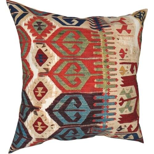 Aksaray Tribal Antique Turkish Kilim Square Pillow Case Decorative Pillow Boho Bohemian Vintage Persian Tribal Pillowcase
